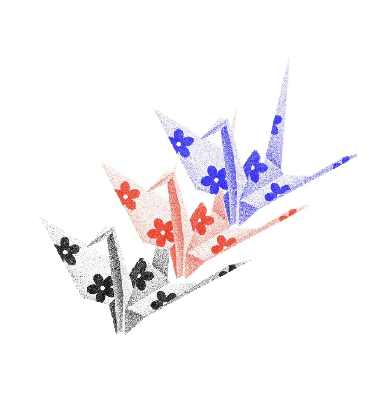 Colorful paper cranes with flower patterns in red, blue, black, and gray, arranged in a semi-circle.