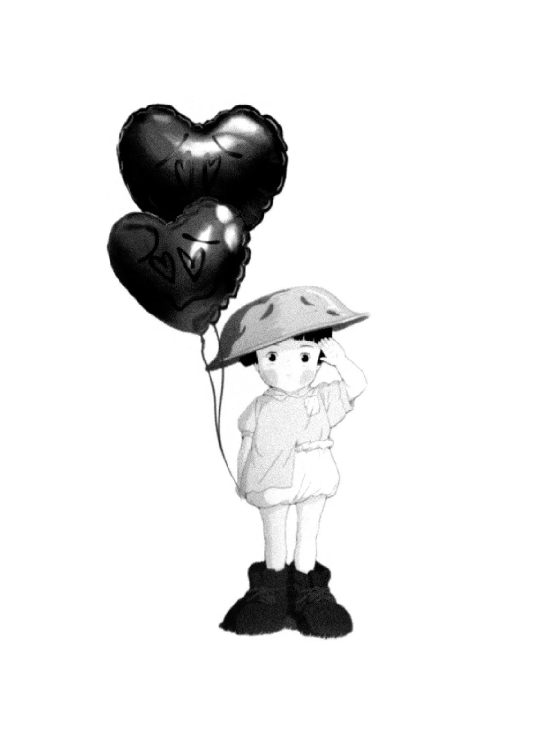 A child wearing a hat and coat, standing with two heart-shaped balloons on strings, one with a smiley face.