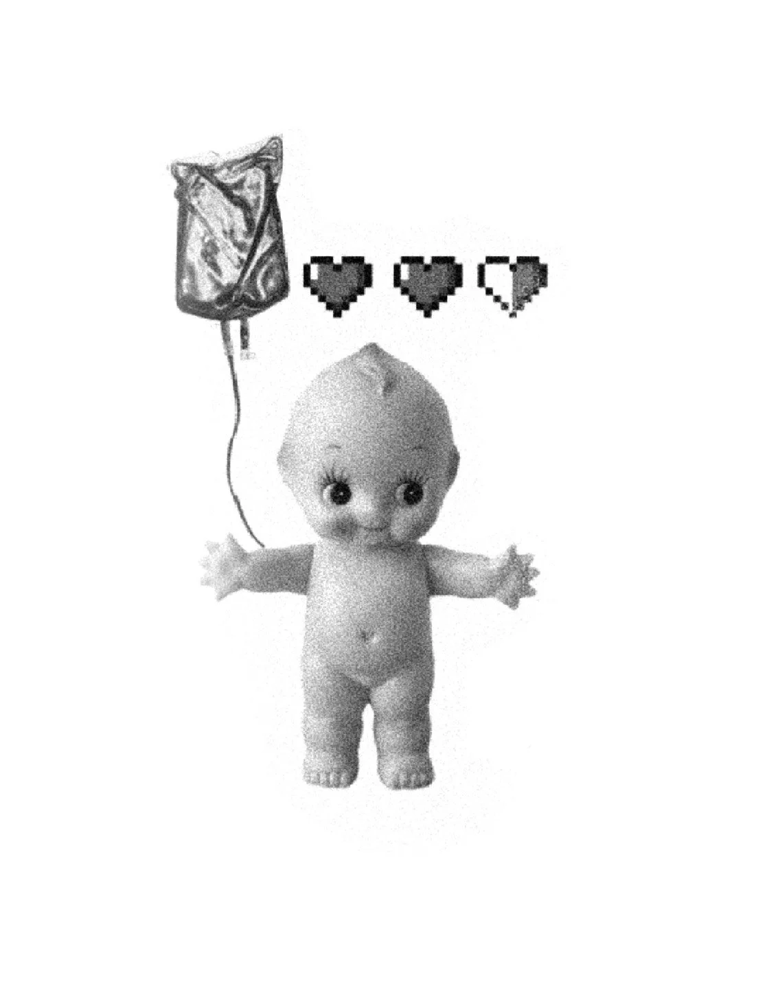 A baby doll with a round head, large eyes, a nose, and an open mouth. The doll has outstretched arms, no clothing, and is positioned beneath a string of three pixelated heart icons and a small object resembling a balloon.