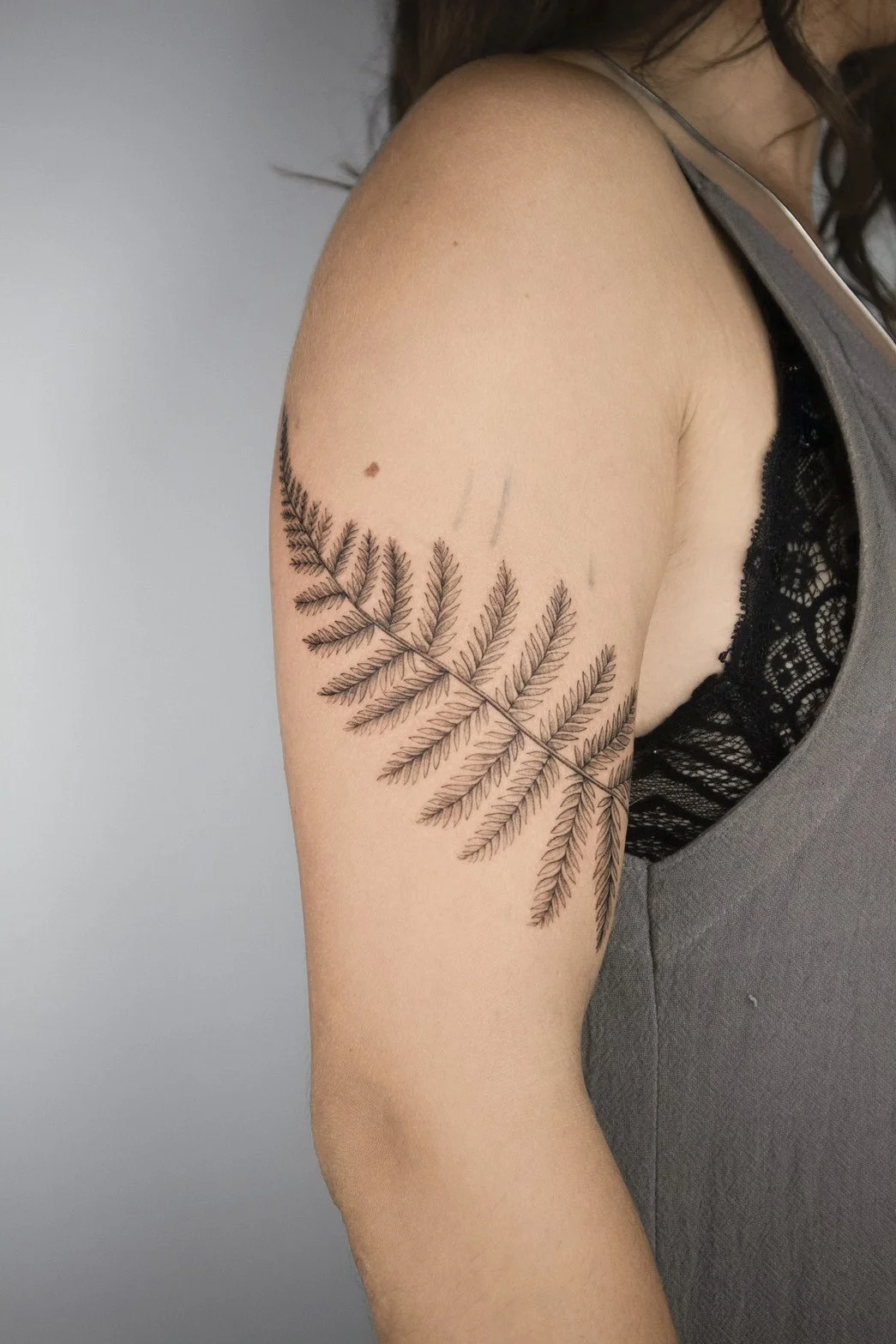 Tattoo of a fern leaf on a person's upper arm.