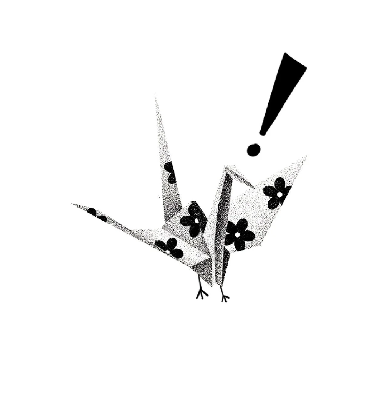Stylized black and white illustration of a bird with floral patterns on its wings and tail, and an exclamation mark above its head.