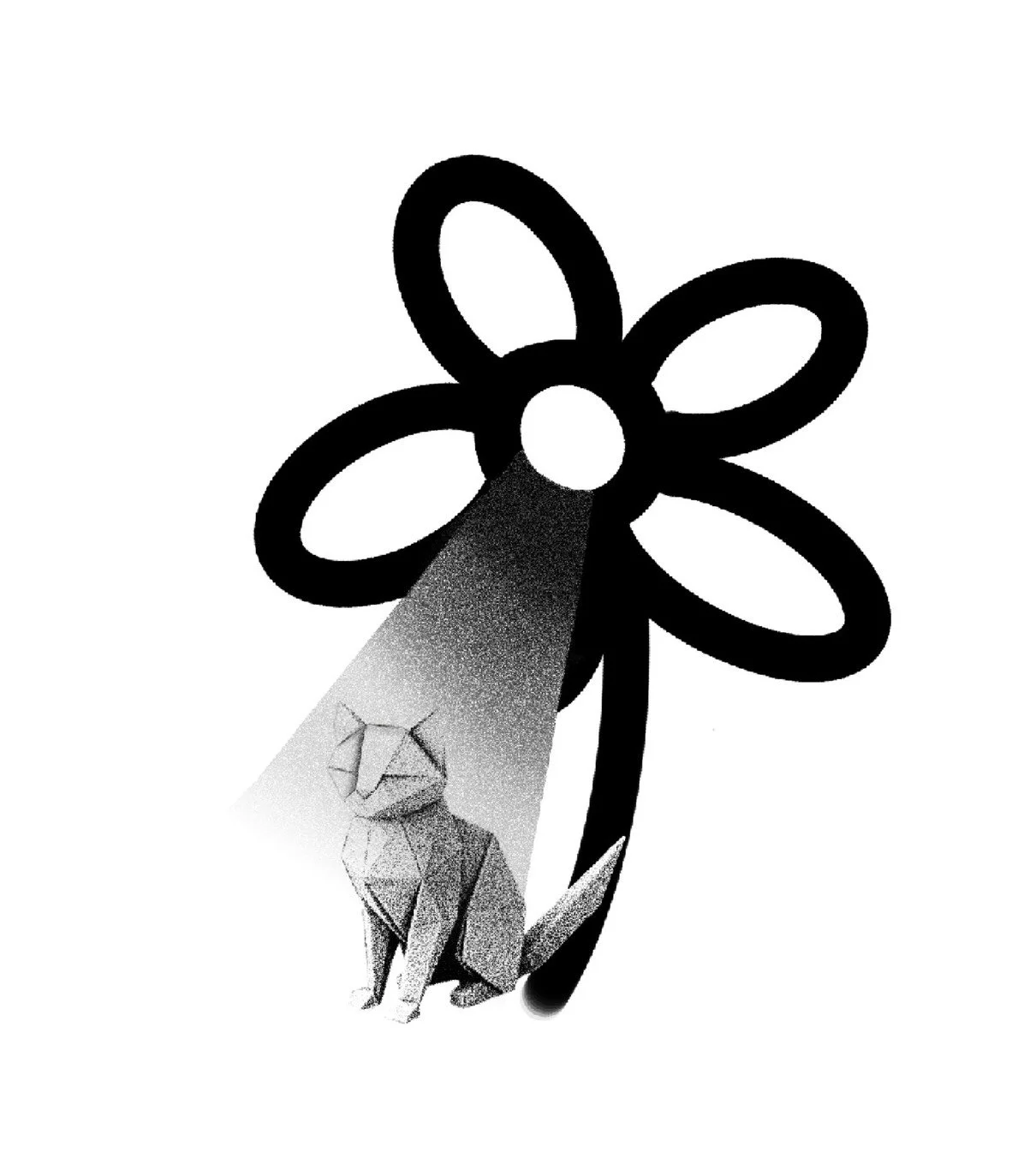 Black and white illustration of a flower with a geometric dog figure at the base.