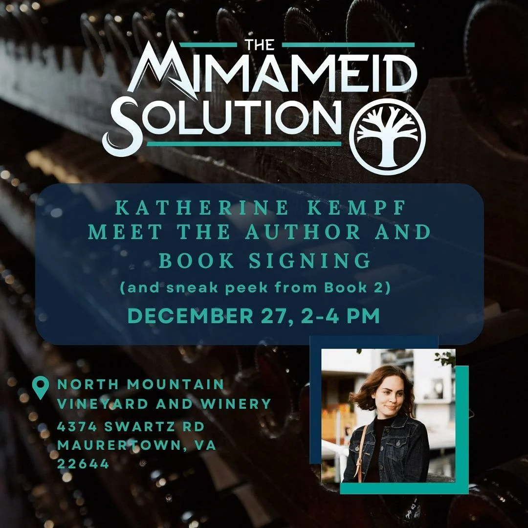 Mark your calendars 📚🎄Come get a glass wine at North Mountain Winery in Mauertown, VA on December 27th, get a signed copy of The Mimameid Solution AND get a sneak peek at Book 2 of the series.
If you can&rsquo;t wait that long, use the QR code to d
