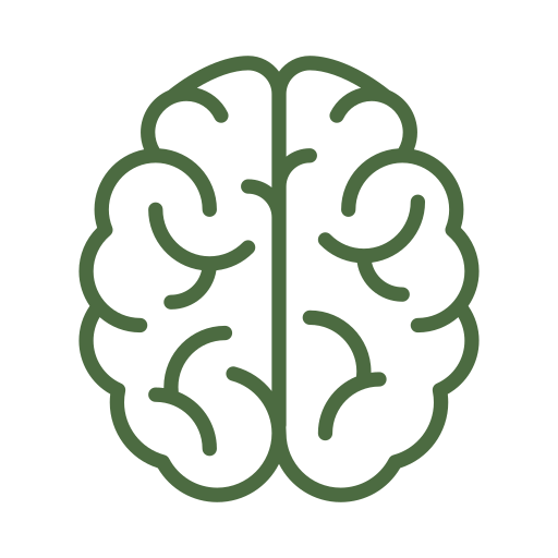 Outline of a human brain in green with a black background.