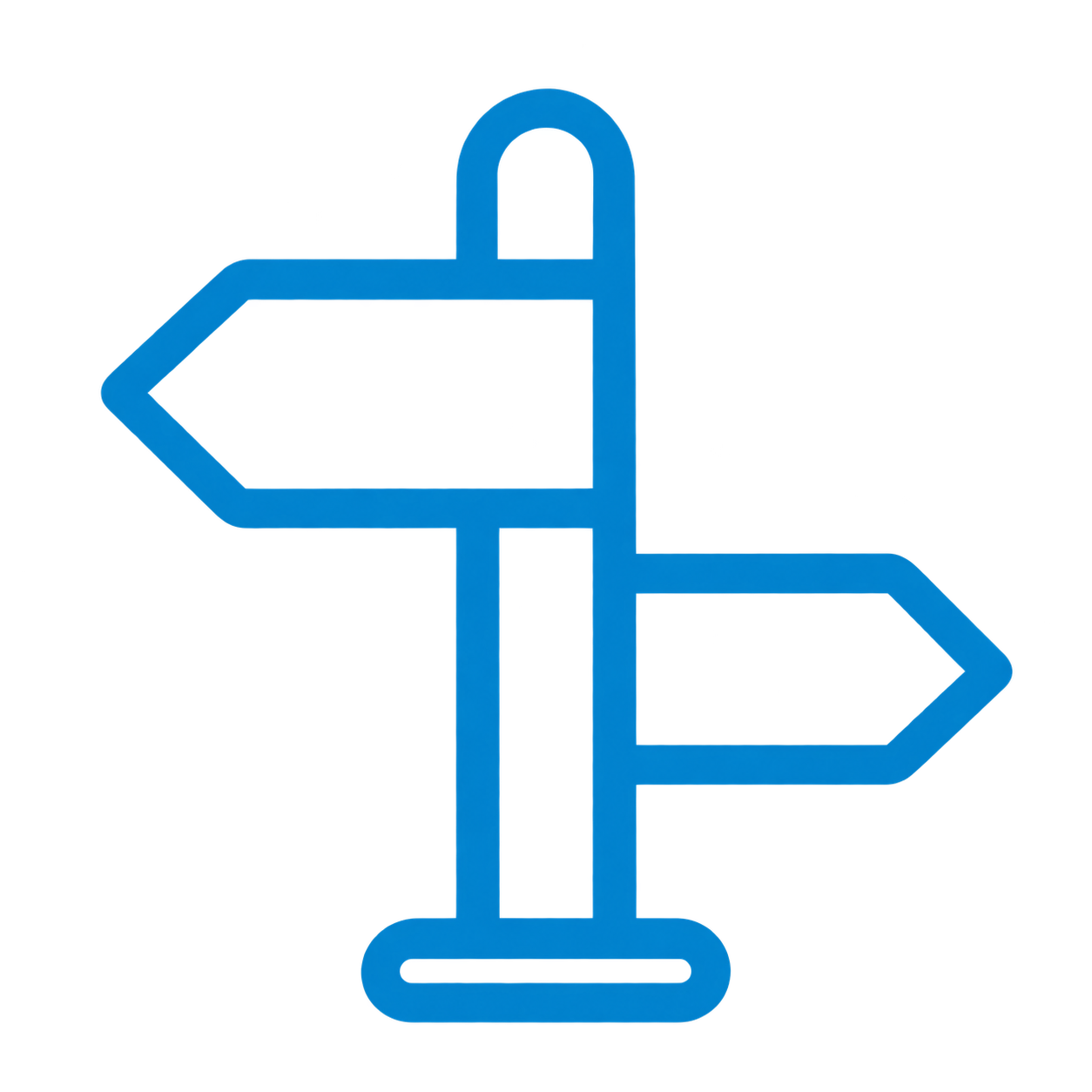 A minimalist illustration of a signpost with two blank directional signs, one pointing right and one pointing left, mounted on a single pole.