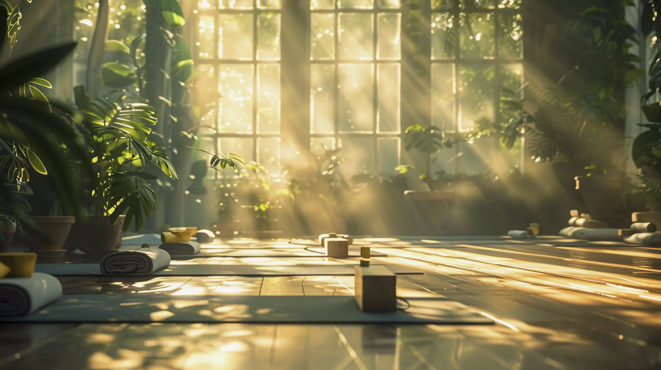 Sunlight streaming into a lush green indoor garden or yoga studio filled with large potted plants and massage mats, creating a peaceful and serene atmosphere.