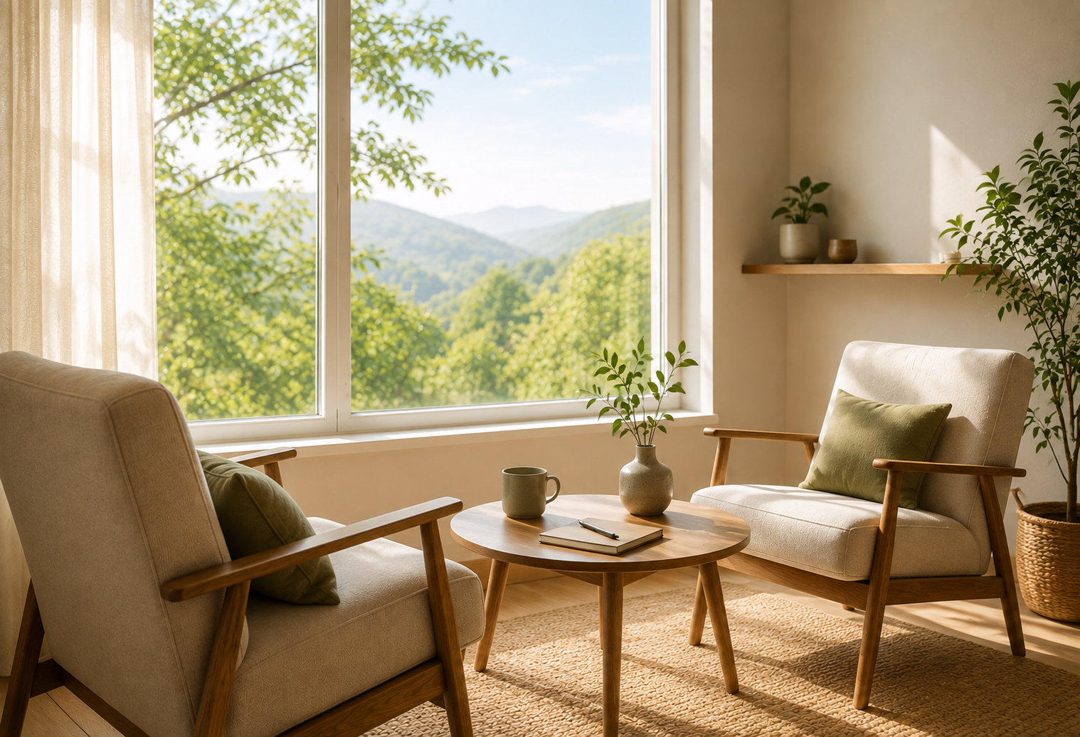 Calm, natural space for reflection and presence, with comfortable chairs, natural light and a view of green trees and hills.