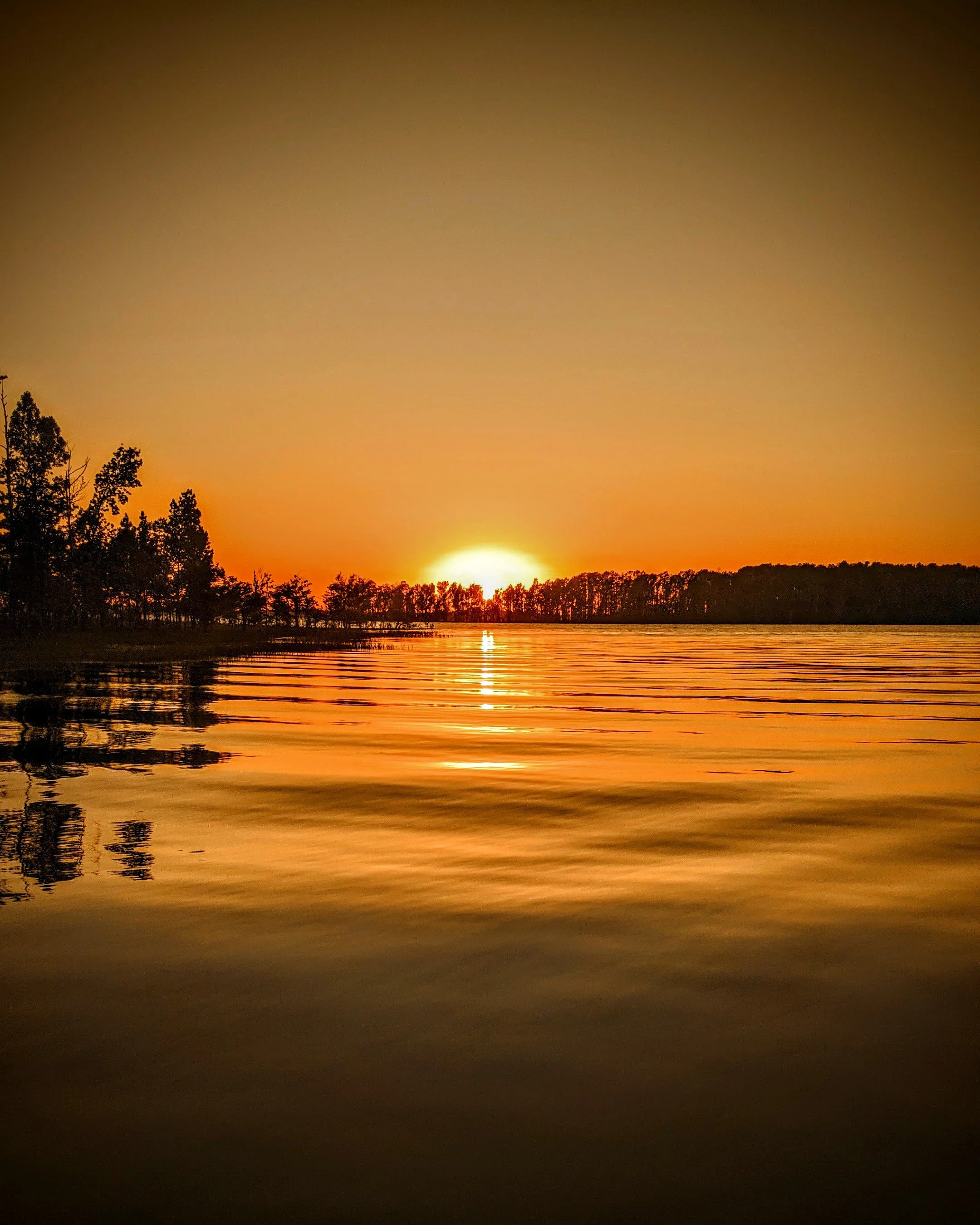 Sun setting over a lake with a silhouette of trees along the horizon and water reflecting the sky's orange and yellow hues.