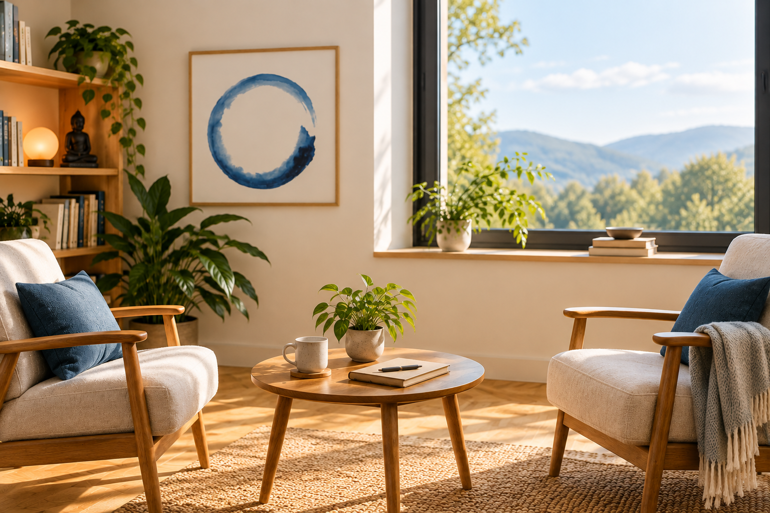 Bright living room with two beige armchairs with blue pillows, a round wooden coffee table with a potted plant, a notebook, and a mug, large window showing mountains and trees, bookshelf with books, and wall art with blue circular design.