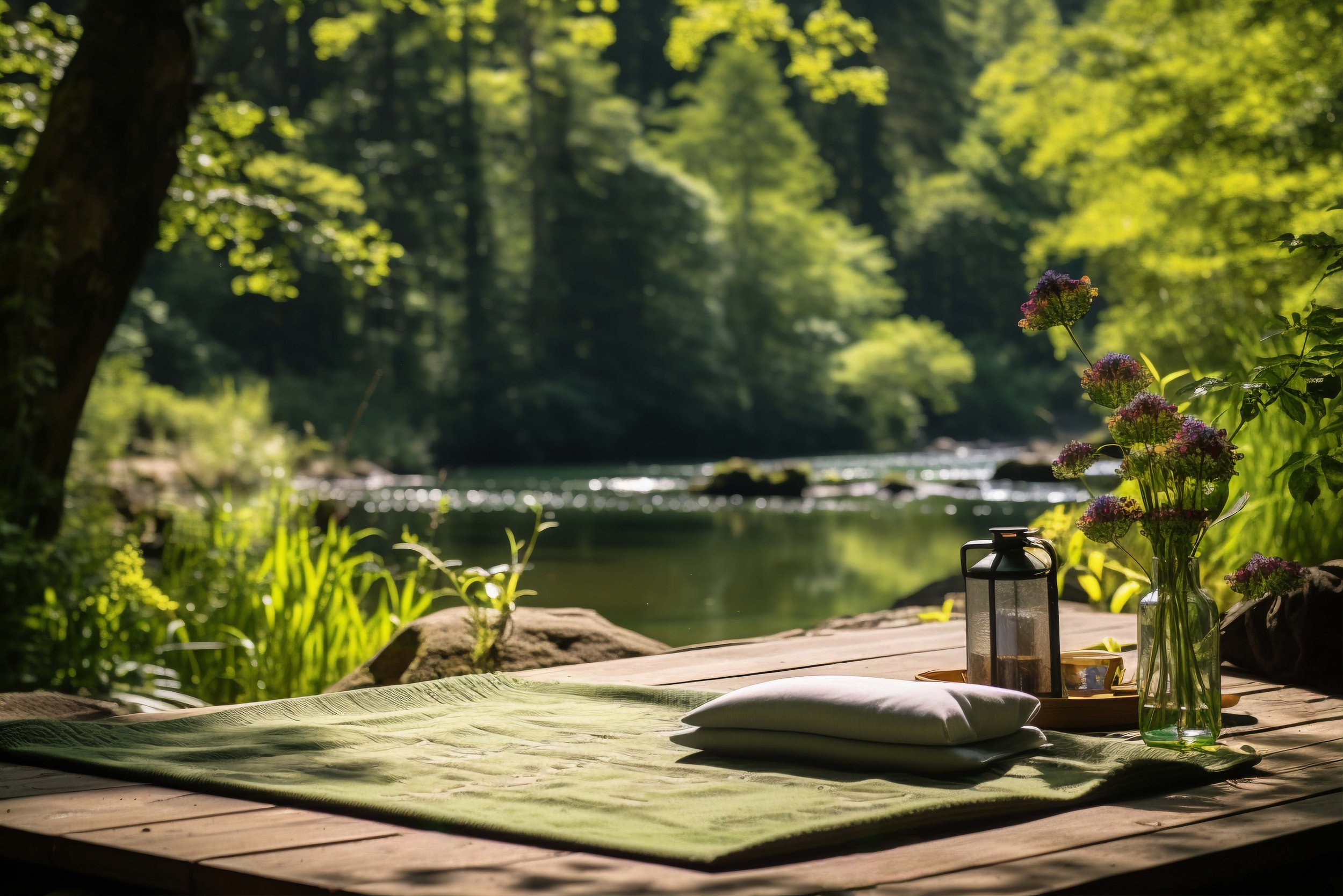 A serene outdoor setting with a wooden deck overlooking a flowing river surrounded by lush green trees. There is a green blanket on the deck with folded pillows, and glass vases with pink flowers and a lantern nearby.