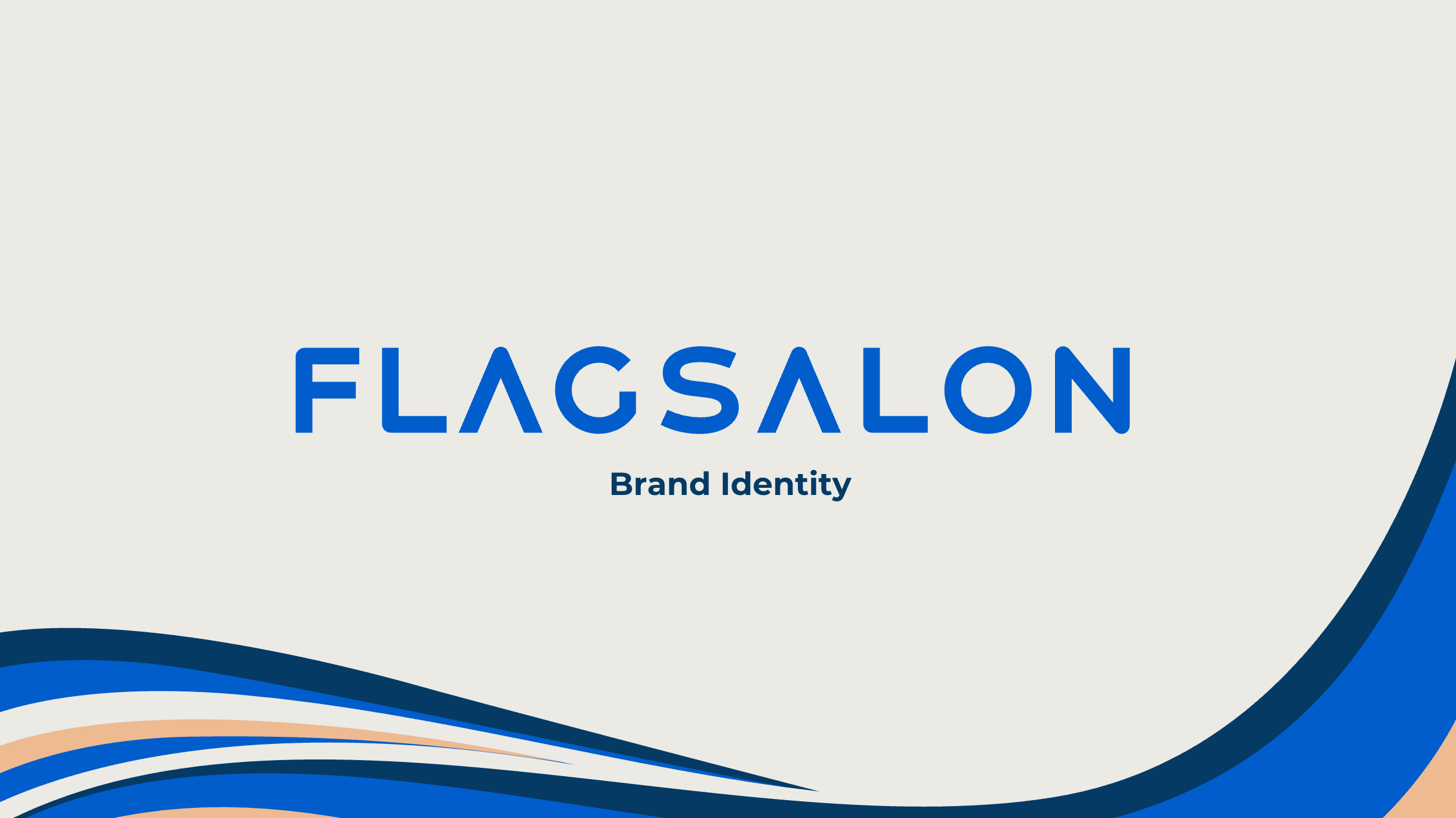 A slide deck cover page with the FlagSalon wordmark logo and text "Brand Identity" in the centre. On the bottom is a navy blue, blue, and light orange wave pattern.