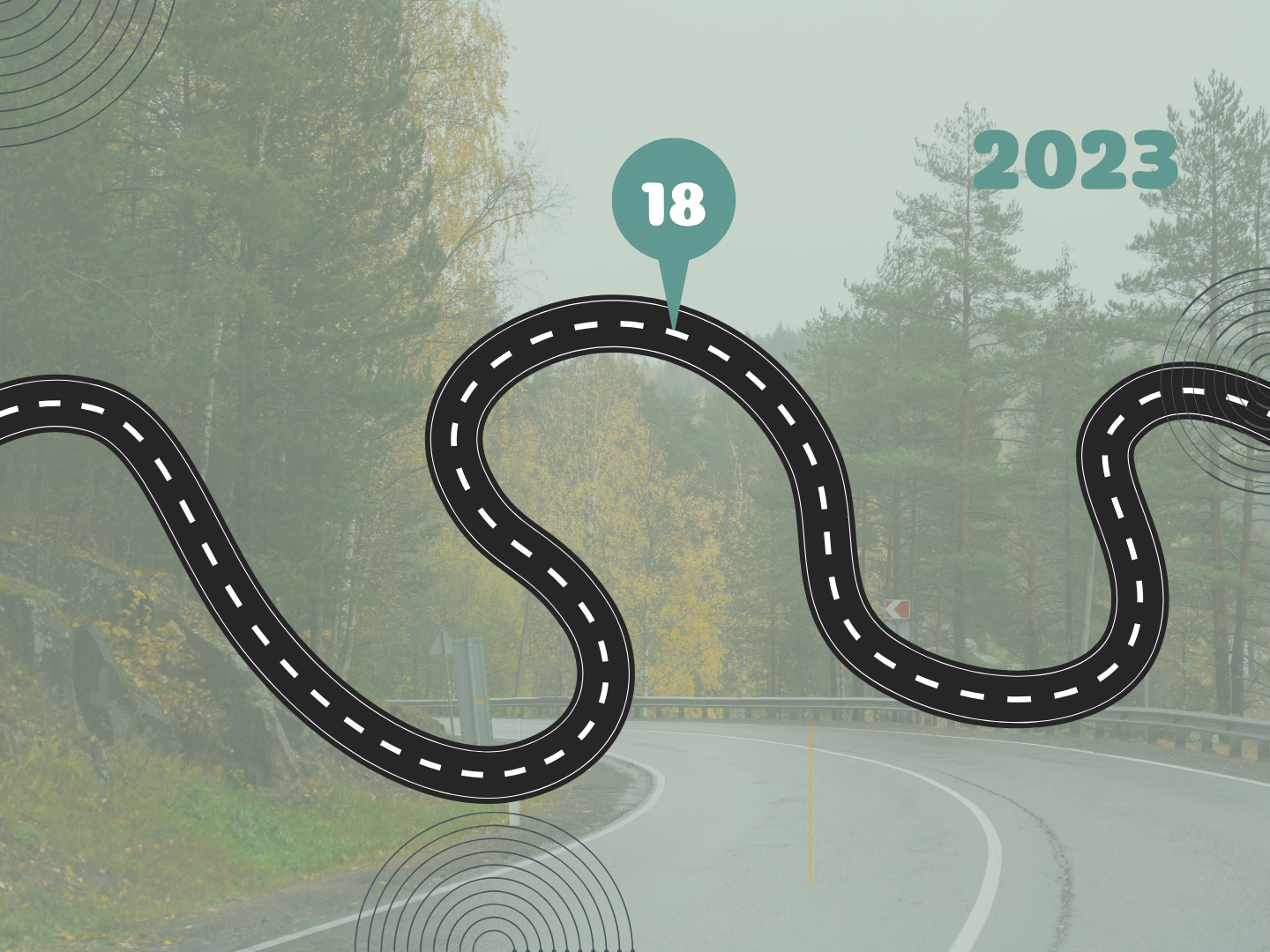 A winding forest road with slightly transparent filter and a black winding road across the centre. There is a teal pin in the black road with the number 18 inside and the year 2023 in the top right corner.
