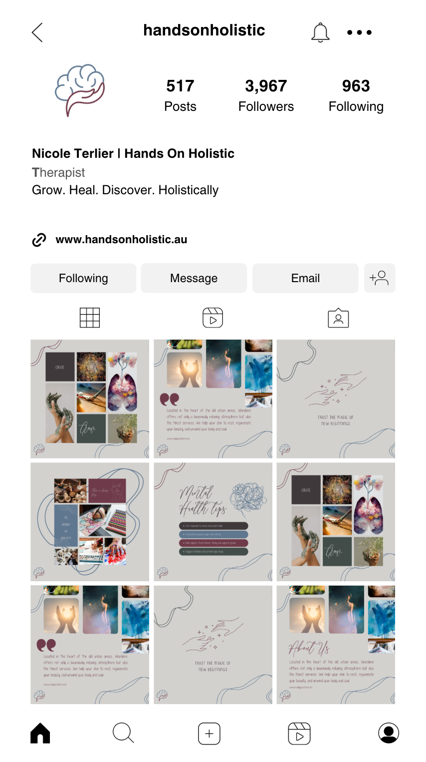 Screenshot of Hands On Holistic's proposed Instagram feed