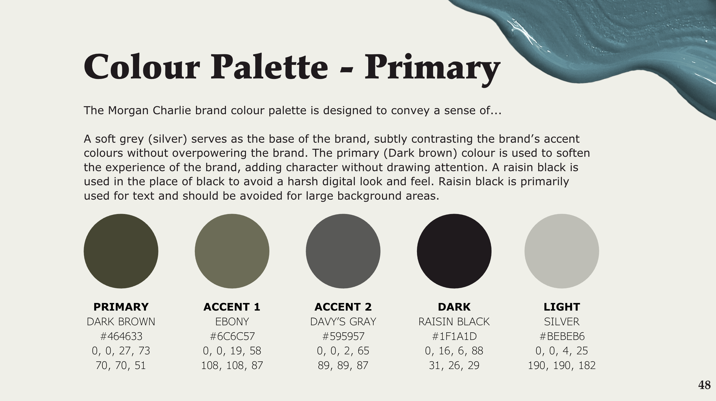 Morgan Charlie brand guidelines primary colour palette page