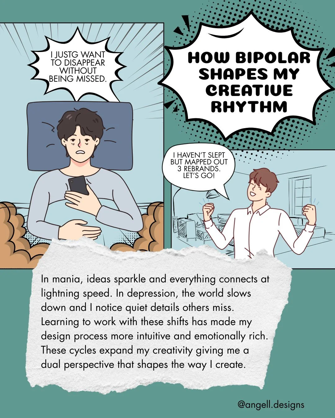 My creativity moves in cycles &mdash; intense bursts and gentle dips of energy.

Living with bipolar means my process is shaped by seasons of expansion and contraction, colour and quiet. Instead of fighting those shifts, I&rsquo;ve learned to work wi