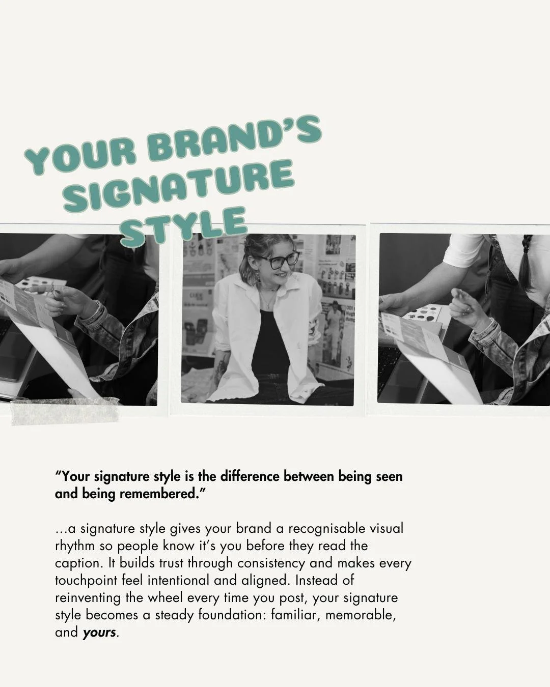 Your brand needs a signature style. Not to look pretty, but to feel familiar.

I&rsquo;m Sam, a branding designer working with health and wellness businesses, and a signature style isn&rsquo;t about locking yourself into sameness or killing creativit