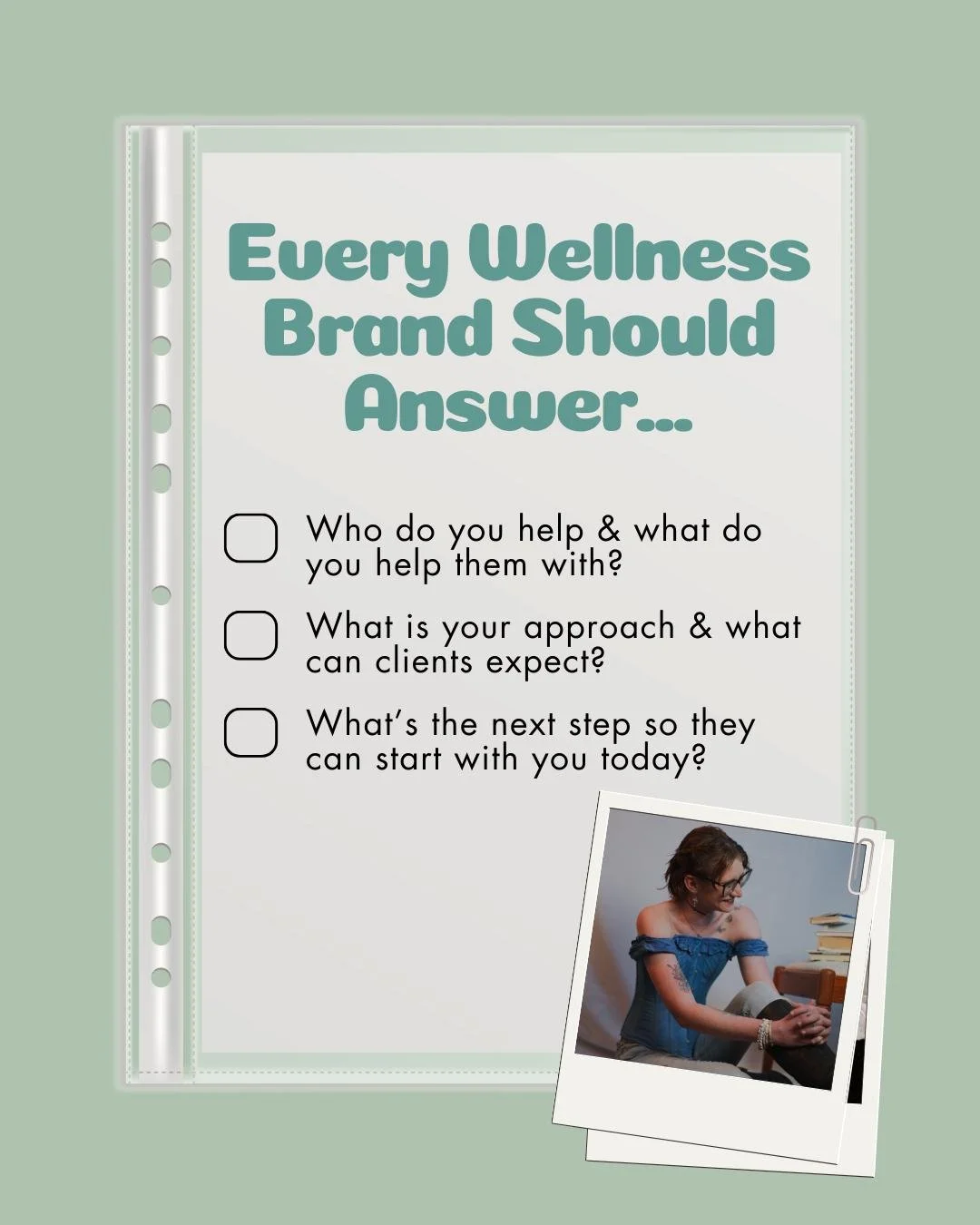 There are a few (3) questions every wellness brand needs to answer clearly and when they aren&rsquo;t, people feel it immediately.

I&rsquo;m Sam, a branding and graphic designer who works with health and wellness businesses to create accessible and 