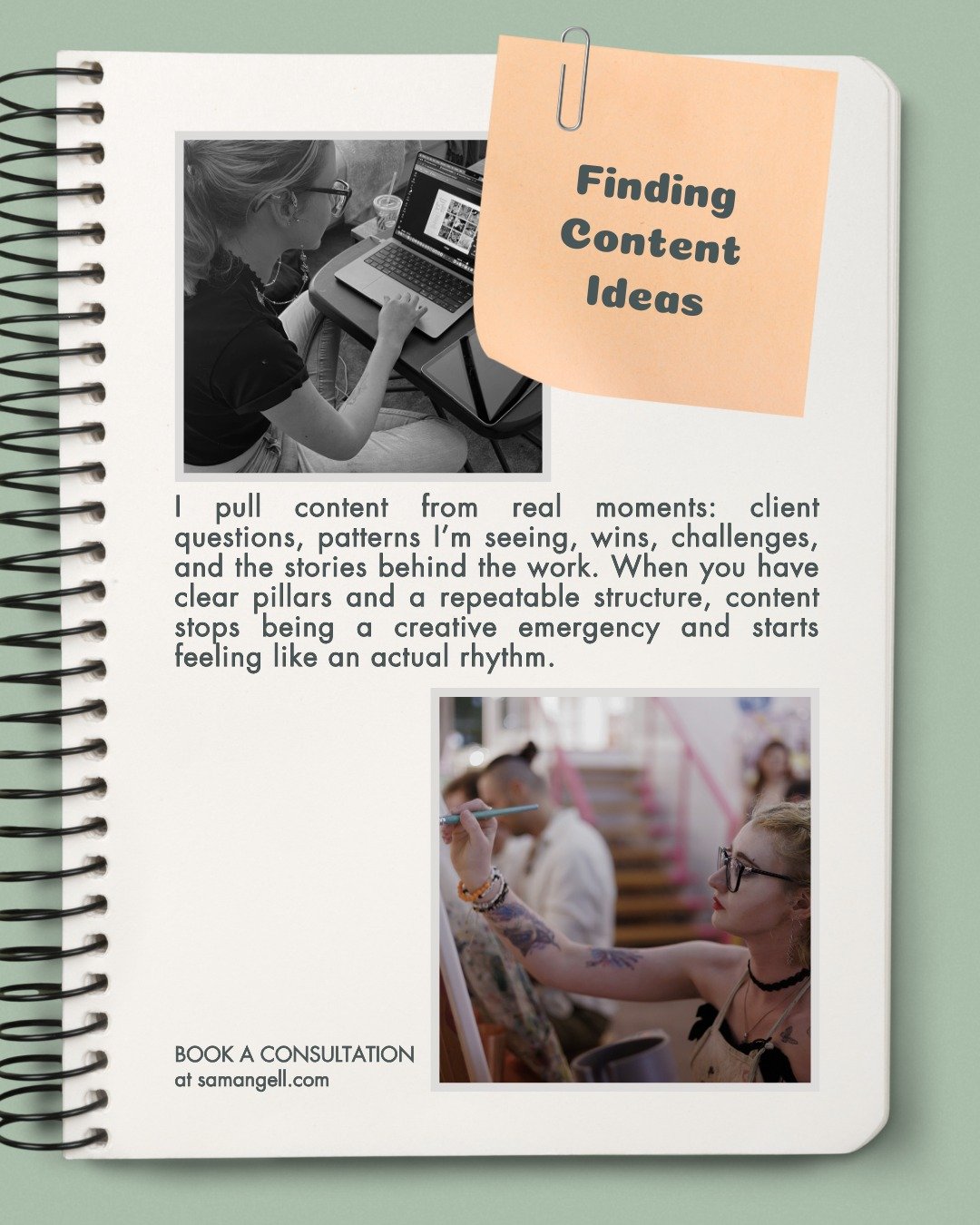 I don&rsquo;t like to force inspiration. Instead, I like to build systems that let ideas show up naturally.

I find content ideas by paying attention to patterns and life experiences around me. Questions clients ask again and again. Moments where peo