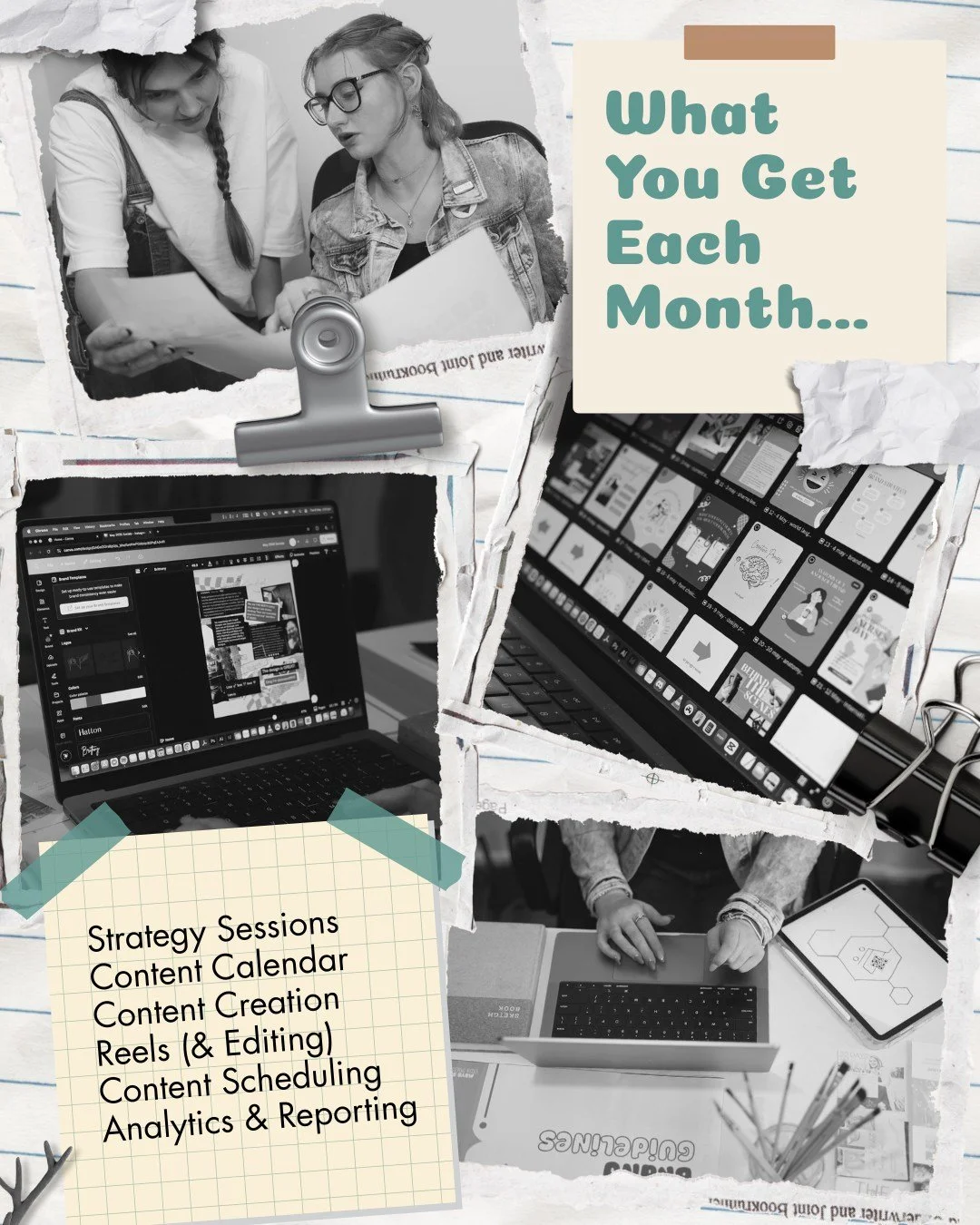 Here&rsquo;s what you get each month inside my social media management and content creation subscription. It&rsquo;s built with real humans in mind.

I&rsquo;m Sam (they/them), a branding specialist and social media manager who works with health and 