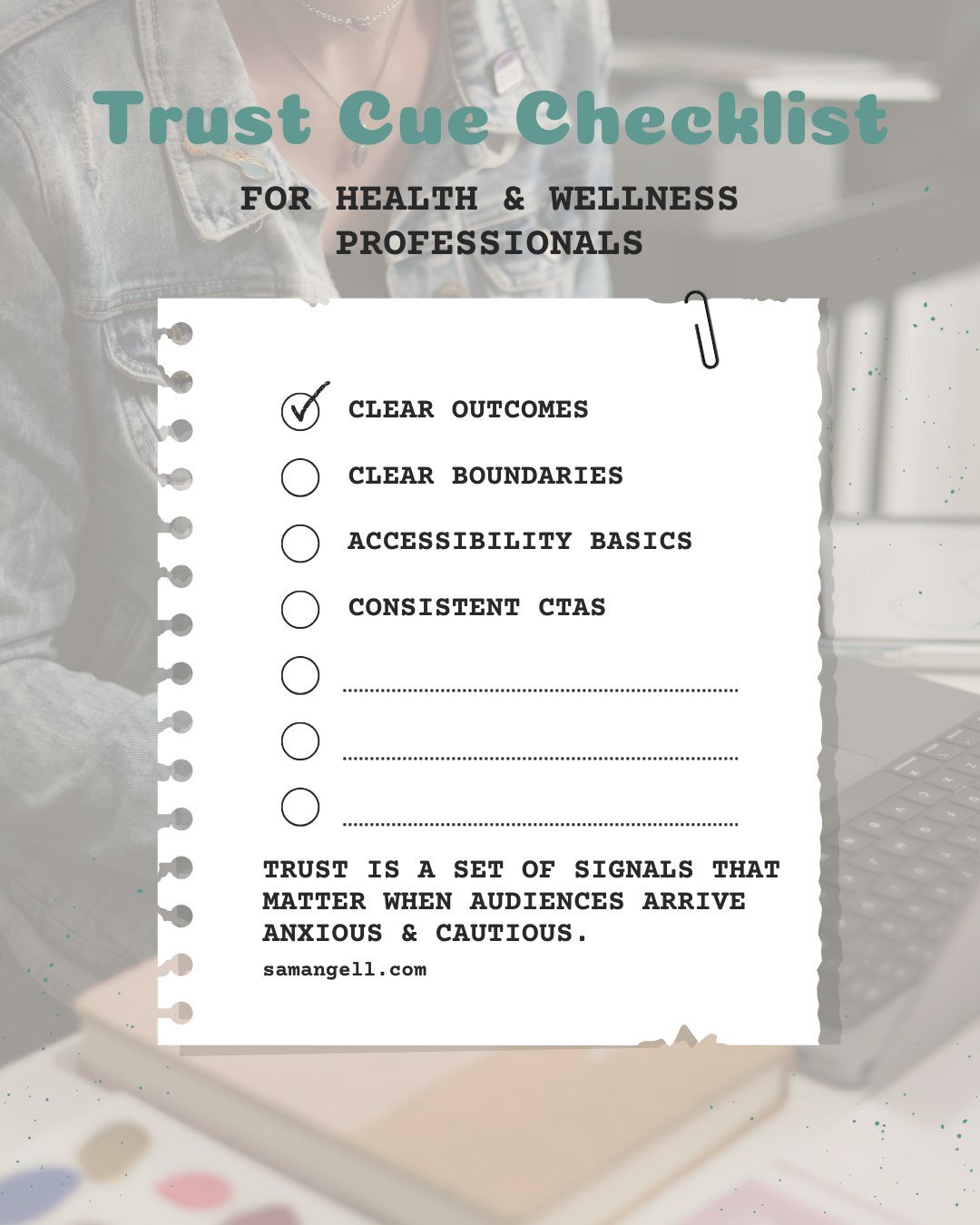 Trust isn&rsquo;t just a vibe people feel. Trust is a set of signals your body receives.

I&rsquo;m Sam (they/them), a brand and website designer who works with health and wellness businesses to make sure their brand feels trustworthy and warm for th