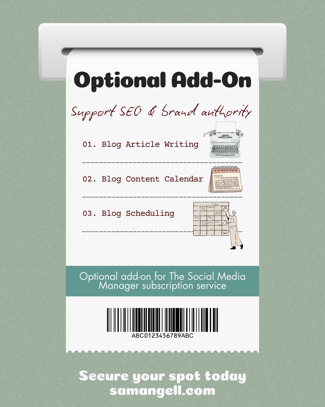 There&rsquo;s an optional add-on to my social media management subscription that does a lot of extra heavy lifting: blog writing and scheduling.

I&rsquo;m Sam, a branding specialist and social media manager who works with health and wellness busines