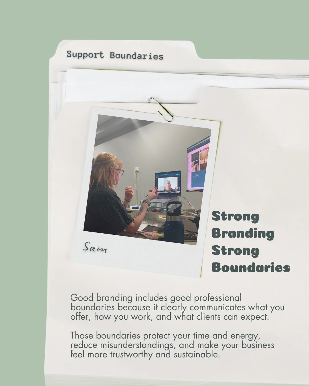 Strong branding supports professional boundaries, long before a contract is every signed between you and your client(s).

I&rsquo;m Sam (they/them), a branding and strategy designer working with health and wellness businesses to create lasting and re
