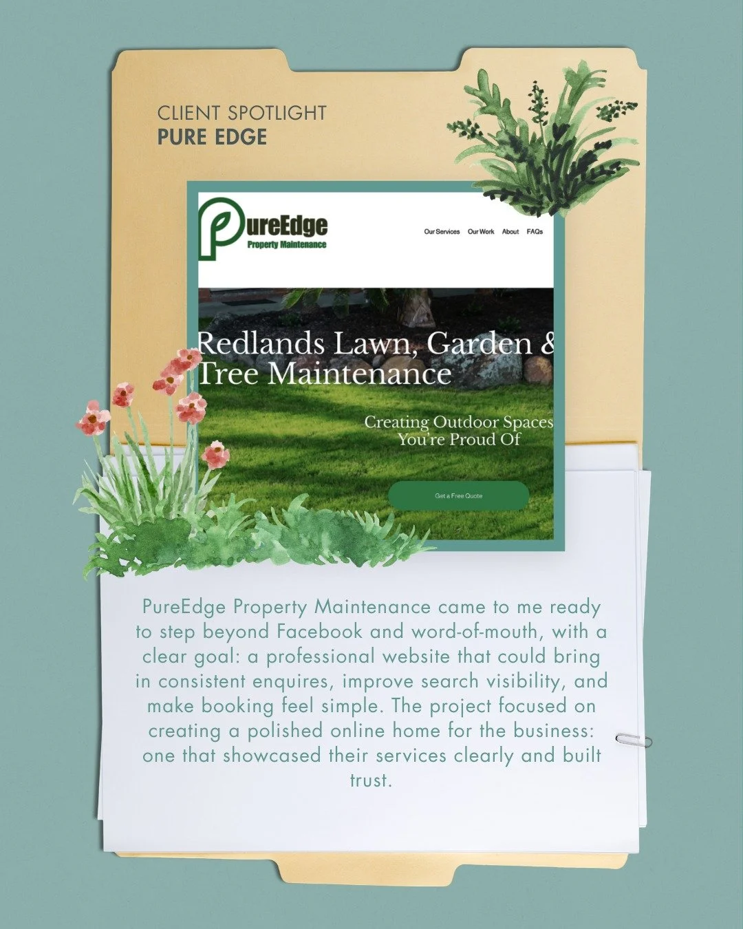 Portfolio Spotlight: PureEdge Property Maintenance

I&rsquo;m Sam (they/them) a branding specialist who worked with PureEdge to create a website that feels as reliable as the service itself. In property maintenance, people aren&rsquo;t just buying a 