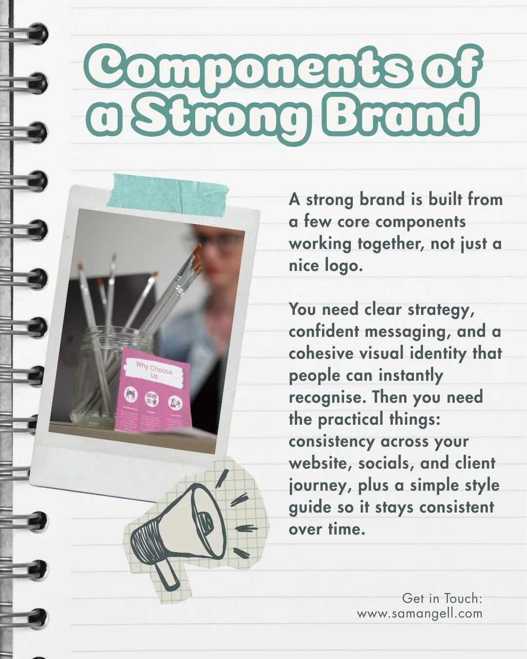 A strong brand is built from a few core components working together. It&rsquo;s definitely more than just a nice logo.

I&rsquo;m Sam (they/them), a branding specialist and designer helping health and wellness businesses build brands that are clear, 