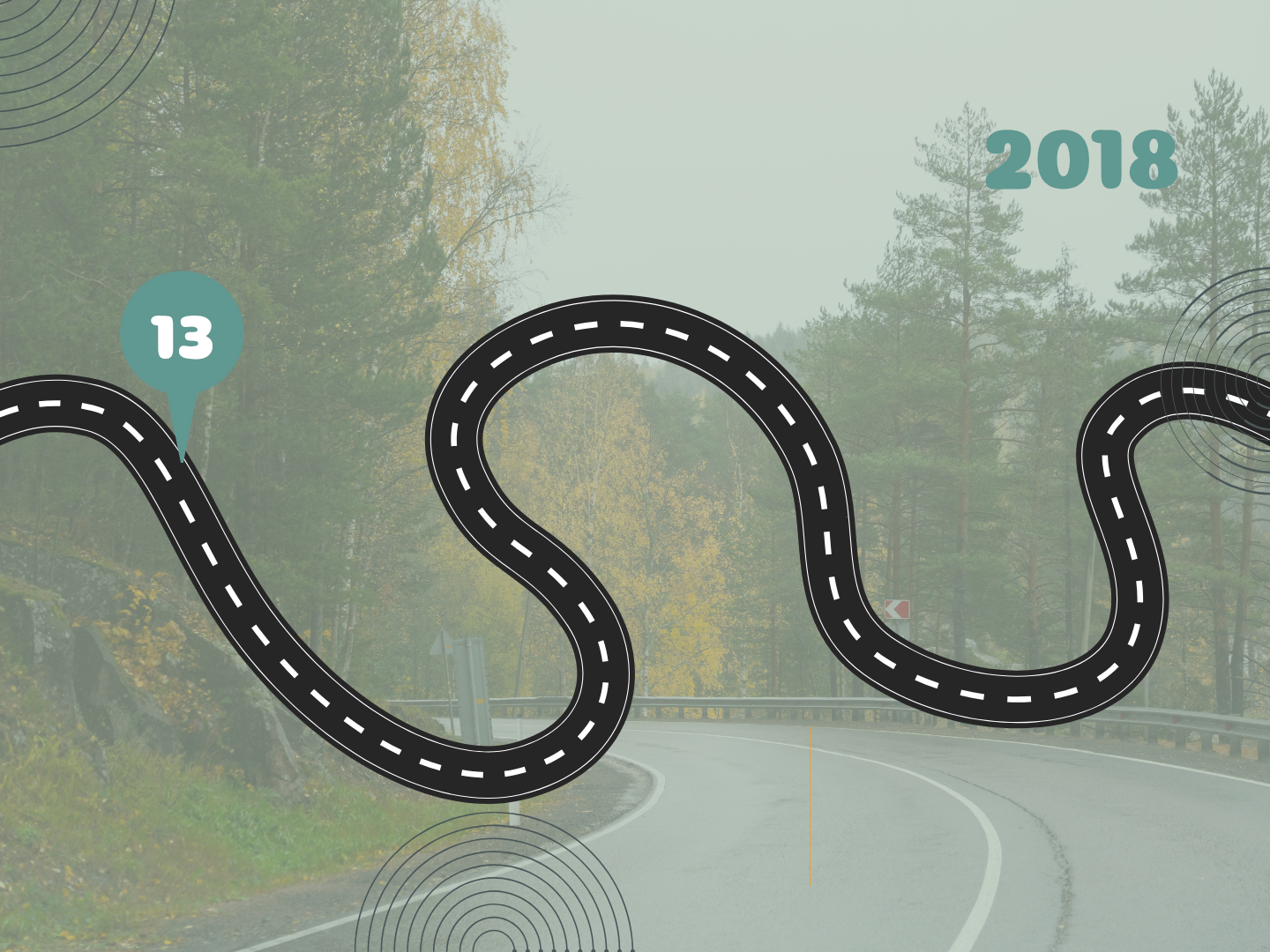 A winding forest road with slightly transparent filter and a black winding road across the centre. There is a teal pin in the black road with the number 13 inside and the year 2018 in the top right corner.
