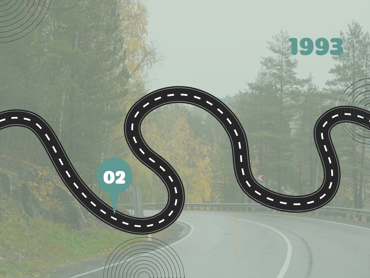 A winding forest road with slightly transparent filter and a black winding road across the centre. There is a teal pin in the black road with the number 2 inside and the year 1993 in the top right corner.