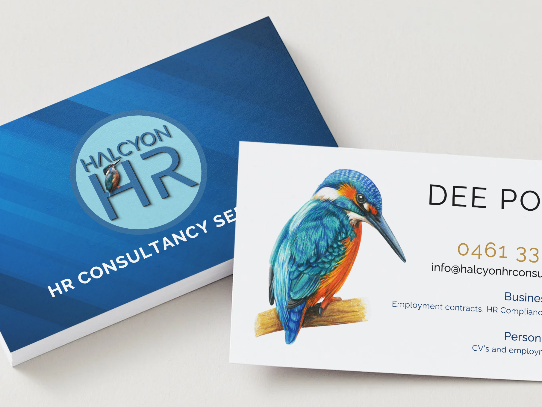 Halcyon HR Consultancy business cards including an artwork of a kingfisher bird