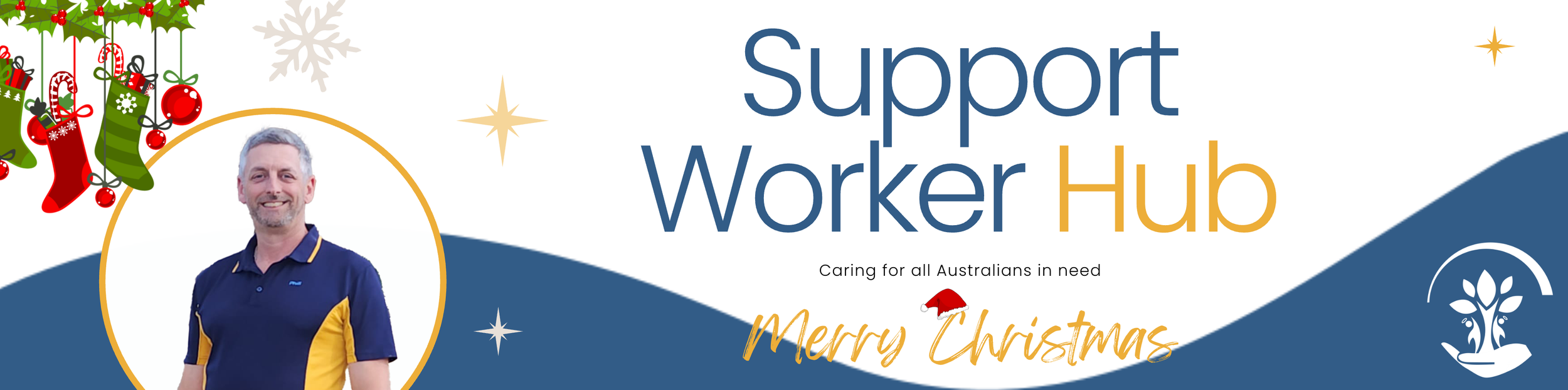 An email signature with a blue wave along the bottom. The logo is in the bottom right and on the bottom left is a photo of a man wearing a navy and gold polo. The title says "Support Worker Hub" There are Christmas decorations in the white spaces.