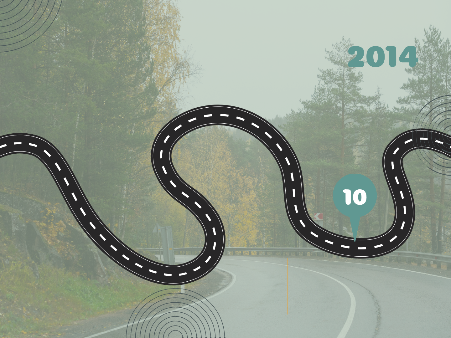 A winding forest road with slightly transparent filter and a black winding road across the centre. There is a teal pin in the black road with the number 10 inside and the year 2014 in the top right corner.