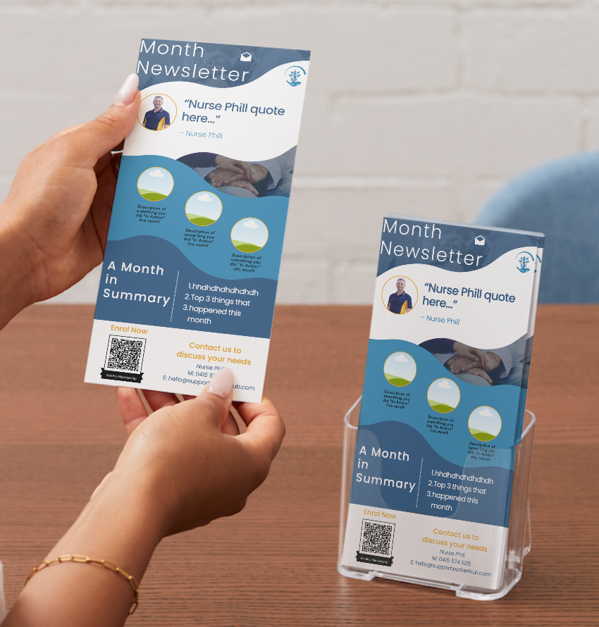 A person holding a printed brochure on the left. On the right is the same brochure in a clear, plastic display container.