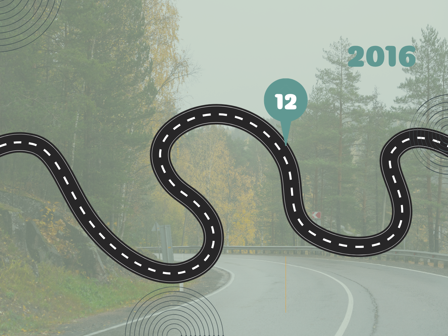 A winding forest road with slightly transparent filter and a black winding road across the centre. There is a teal pin in the black road with the number 12 inside and the year 2016 in the top right corner.