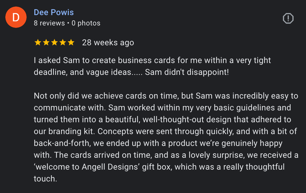 Review of Sam at Angell Designs by Dee Powis screenshotted from Google Reviews