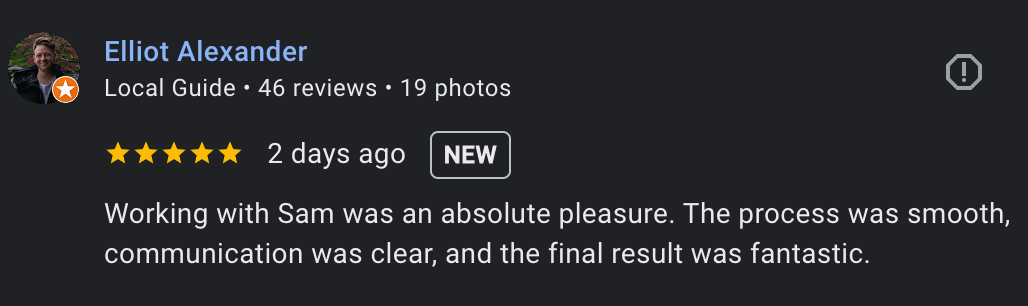 Review of Sam at Angell Designs by Elliot Alexander screenshot from Google Reviews