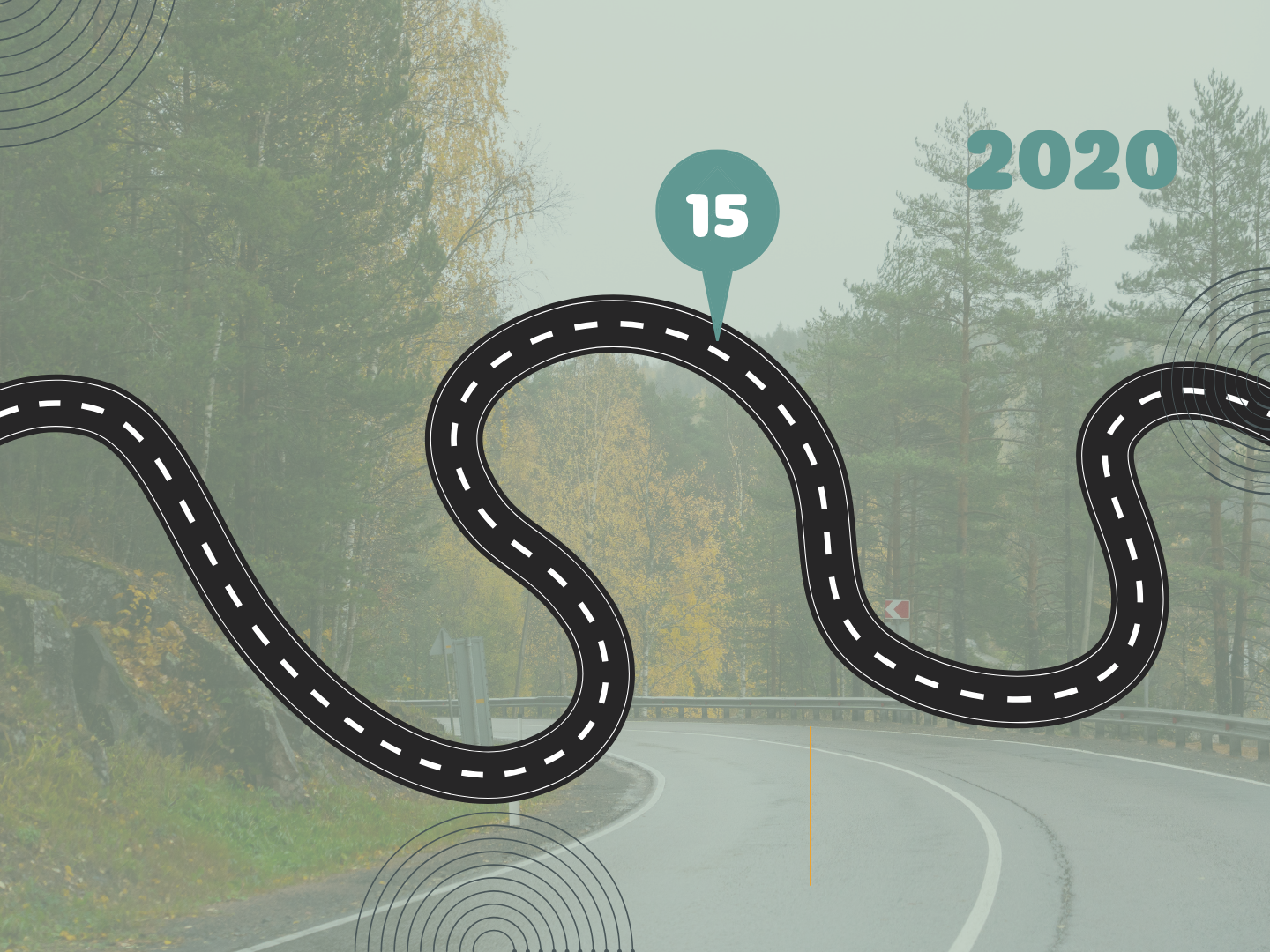 A winding forest road with slightly transparent filter and a black winding road across the centre. There is a teal pin in the black road with the number 15 inside and the year 2020 in the top right corner.