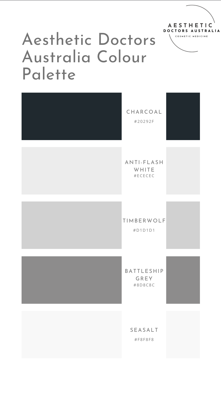 A document displaying 5 monochrome and greyscale colours for the Aesthetic Doctors Australia colour palette