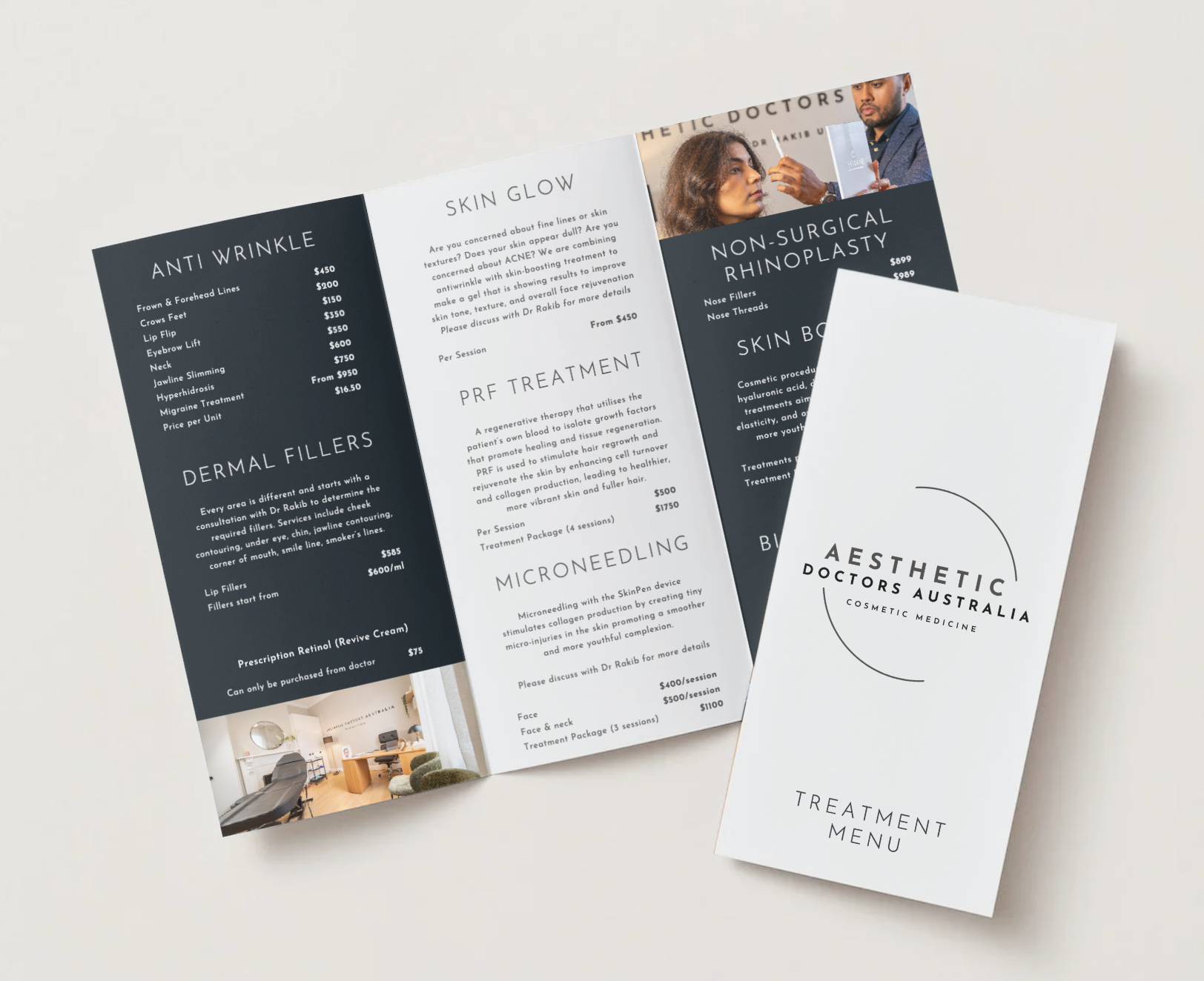 A tri-fold pricing brochure for Aesthetic Doctors Australia. The outer thirds have a black background with white text while the front cover and middle section have a white background with dark grey text