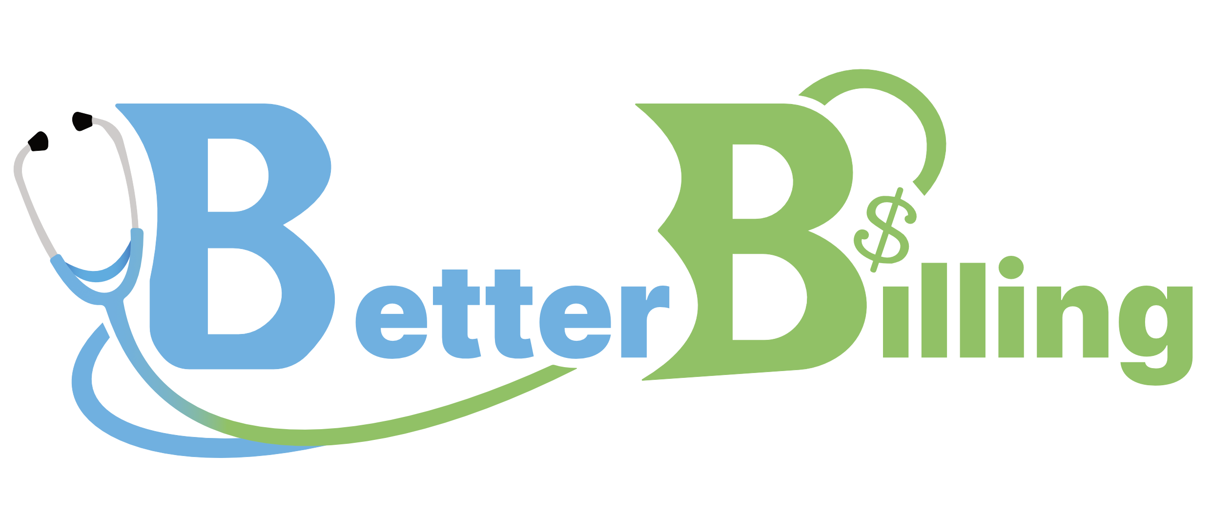 The two words "Better" (in blue) and "Billing" (in green) with a blue and green stethoscope wrapped around. The "i" in "billing" has a dollar sign as the dot.