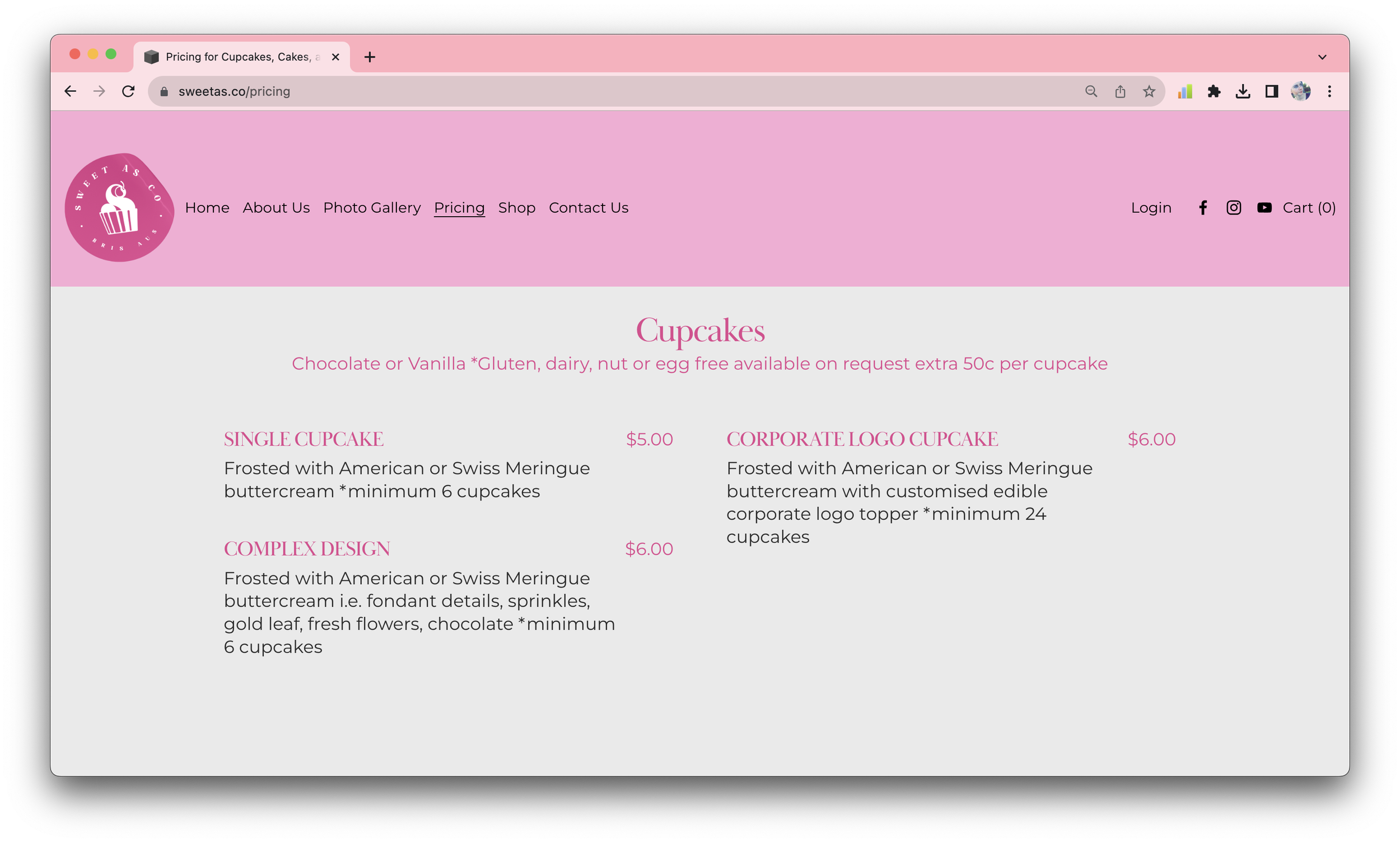 Screenshot of Sweet As Co.'s pricing page