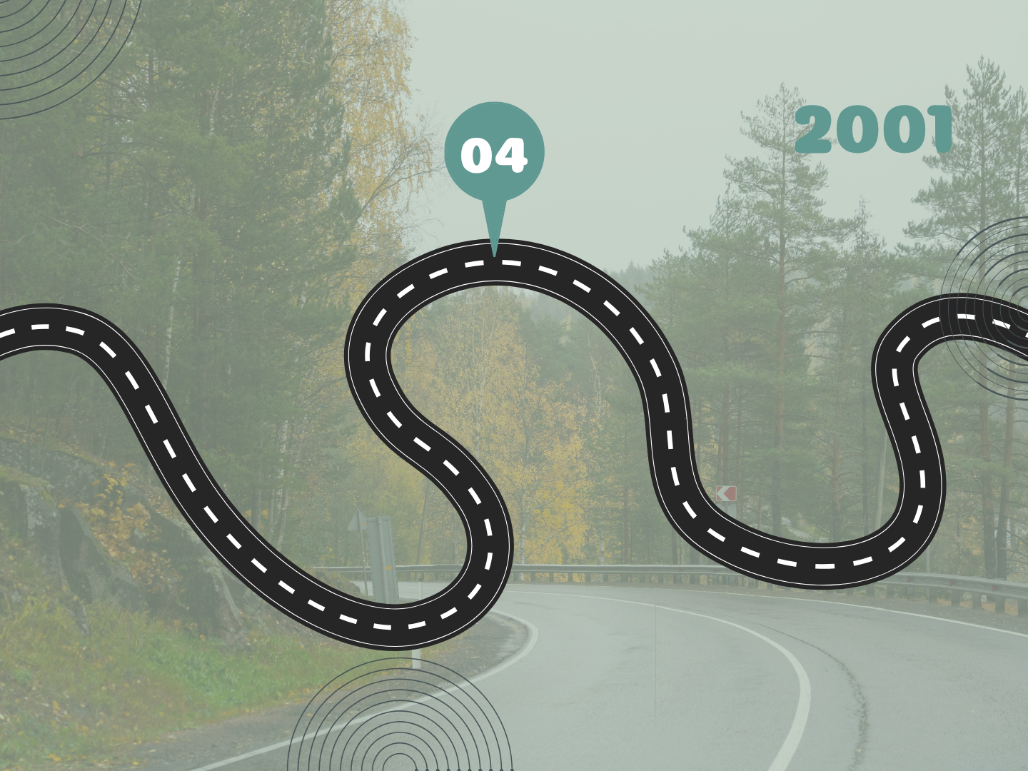 A winding forest road with slightly transparent filter and a black winding road across the centre. There is a teal pin in the black road with the number 4 inside and the year 2001 in the top right corner.