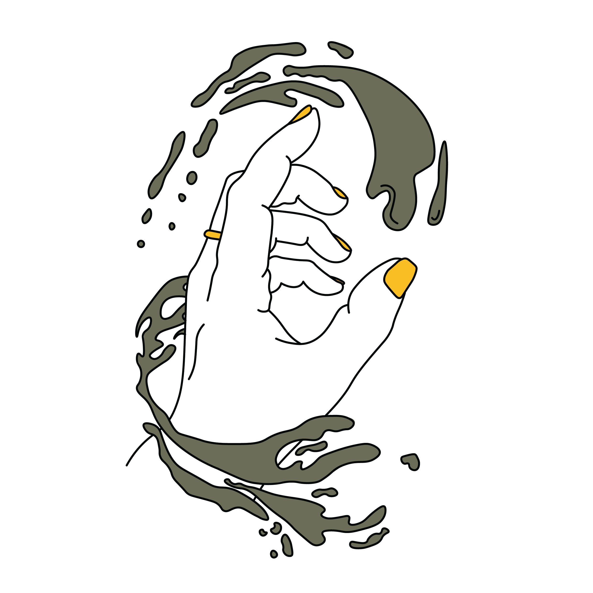 Morgan Charlie icon logo of a hand with yellow nails and a grey green paint splatter wrapped around the hand