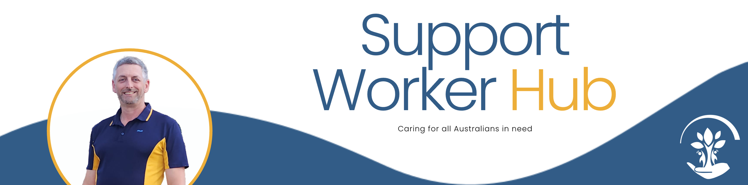 An email signature with a blue wave along the bottom. The logo is in the bottom right and on the bottom left is a photo of a man wearing a navy and gold polo. The title says "Support Worker Hub"