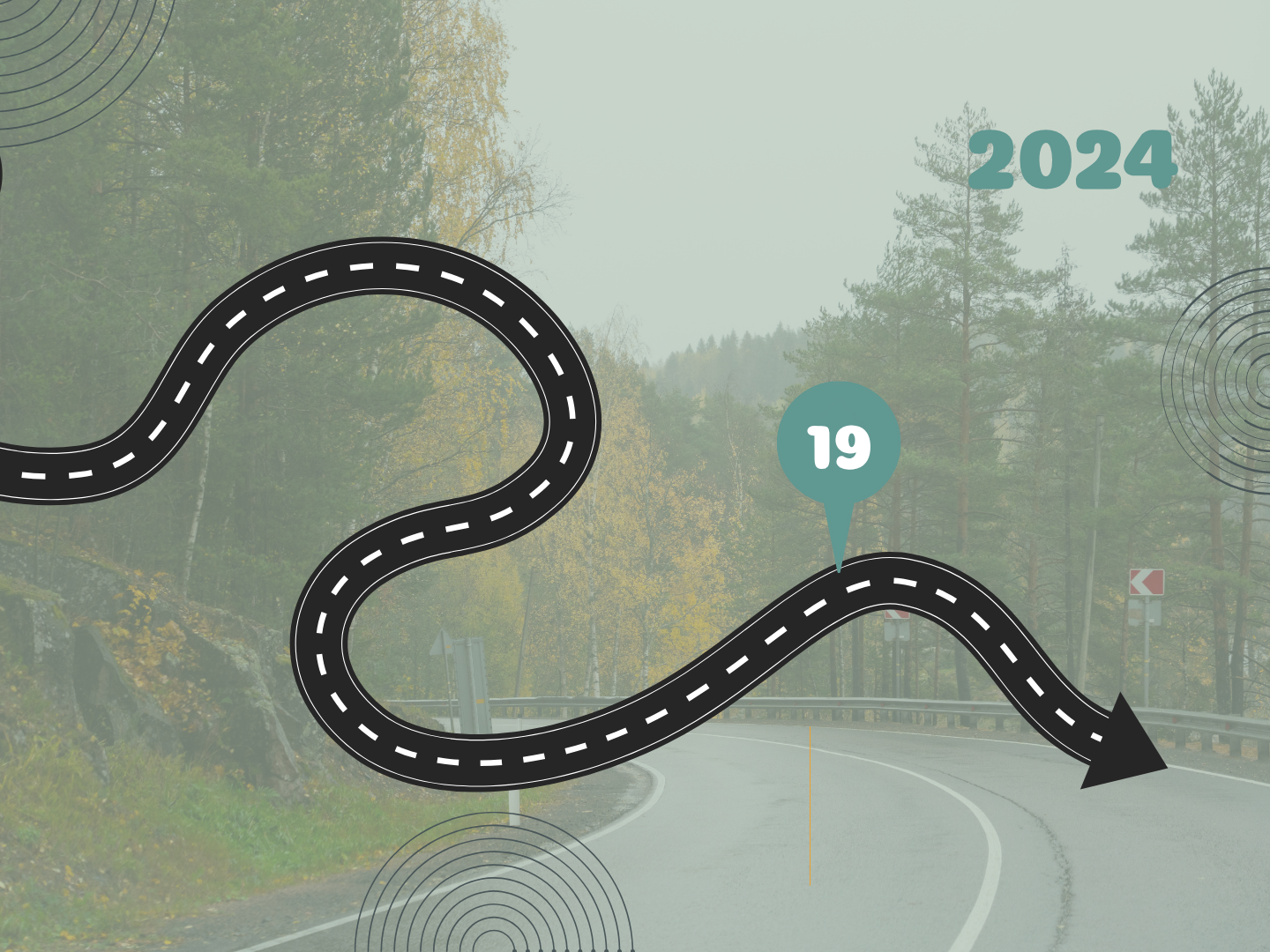 A winding forest road with slightly transparent filter and a black winding road across the centre. There is a teal pin in the black road with the number 19 inside and the year 2024 in the top right corner.