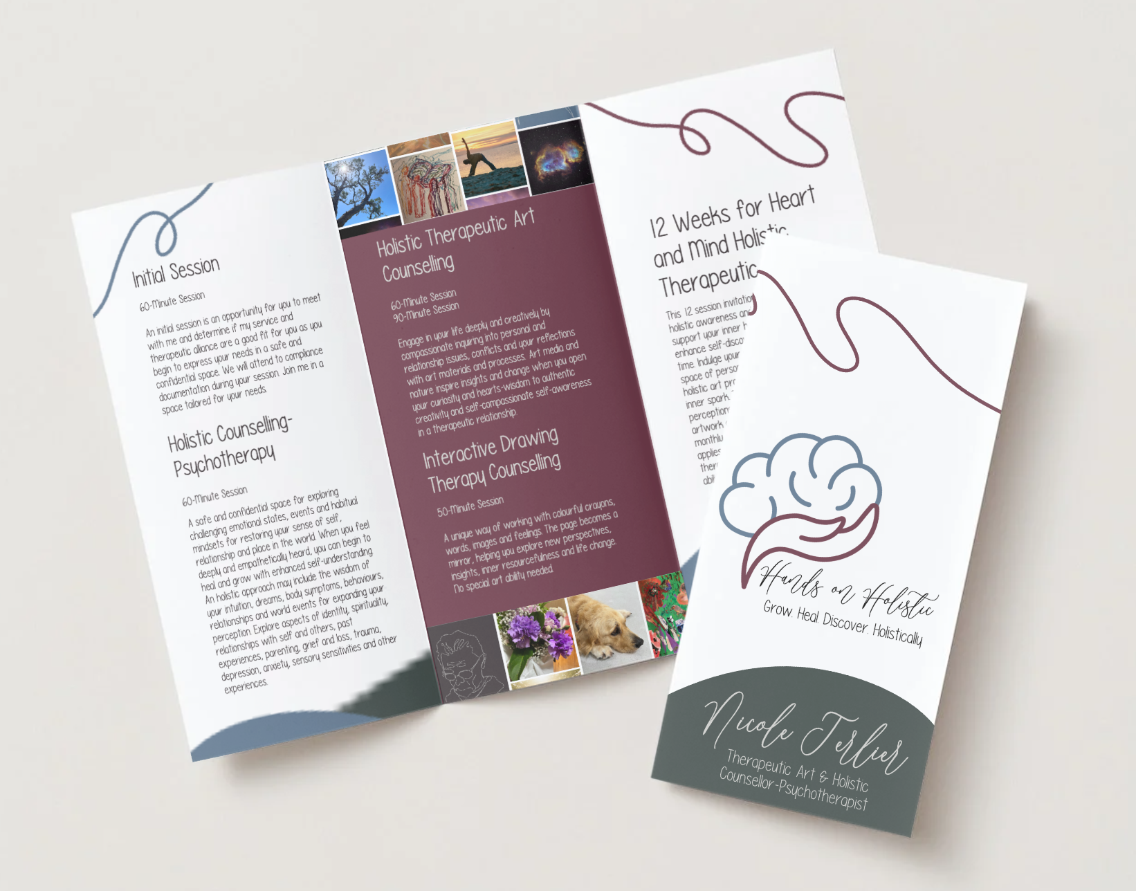 Hands On Holistic tri-fold brochures. They have swiggly lines and blocks of earthy tone colours