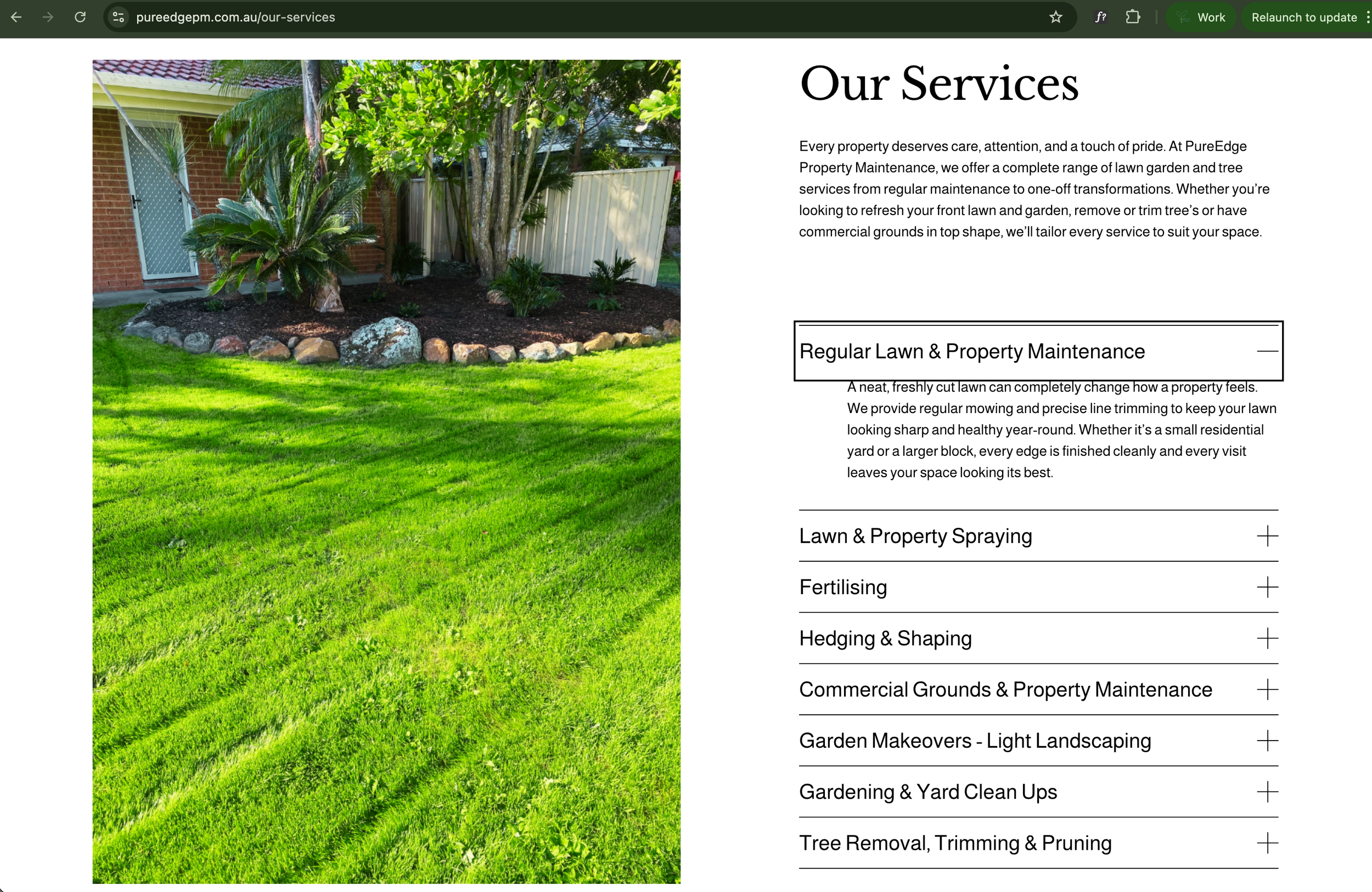 A website services page screenshot. On the left is an image of freshly cut grass and made over garden space with rocks separating the grass and the garden.