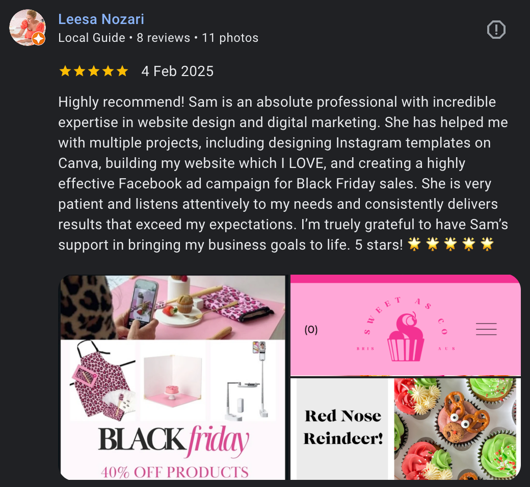 Review of Sam at Angell Designs by Leesa Nozari screenshotted from Google Reviews
