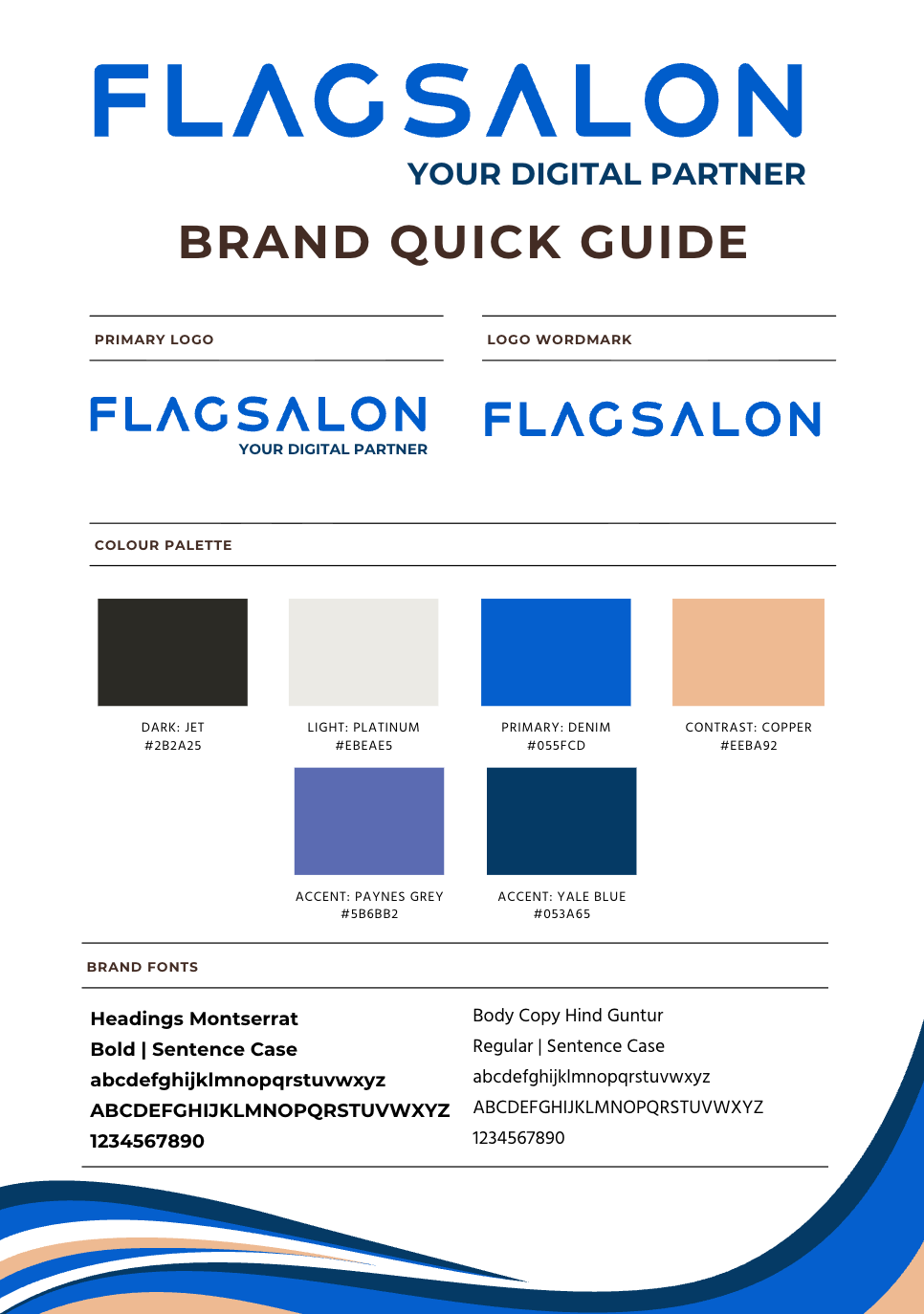 A brand quick guide for FlagSalon including primary and wordmark logos, colour palette, and brand fonts.